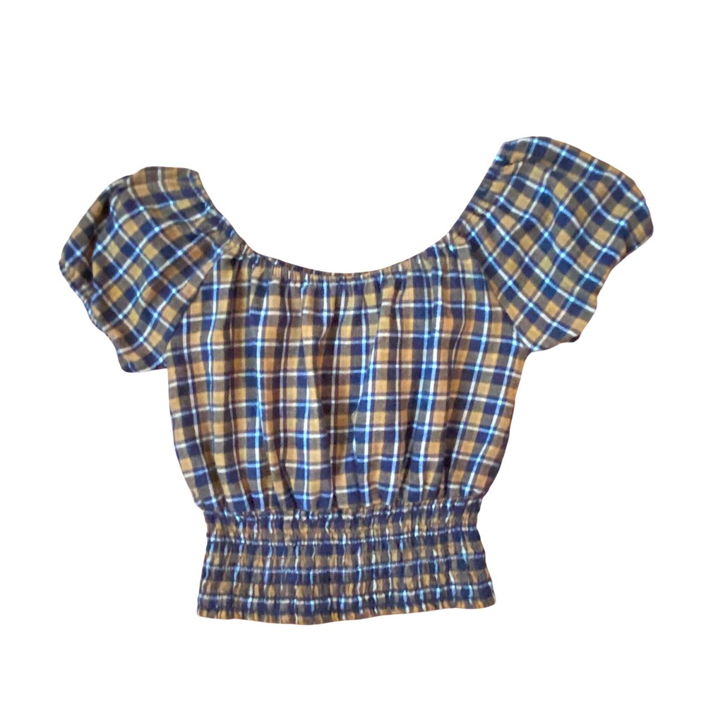 Y2k Aeropostale Plaid Smocked Waist Cropped Peasant Top brown XS 
MILKMAID BOHO